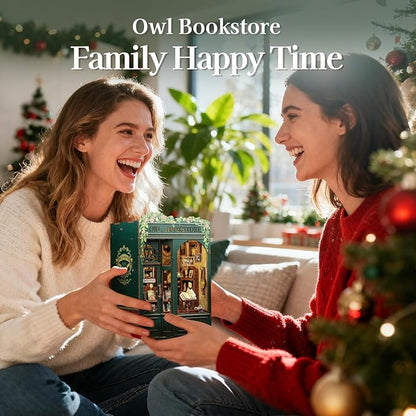 Fsolis Book Nook Kit, DIY Scene Miniature House Kit Tiny House Mini Booknook Craft Bookshelf Decor, 3D Puzzles for Adults, 139 Wooden Pieces, Scale Library Model, Gifts for Book Lovers（OWL Bookstore）