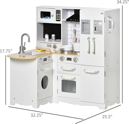 Qaba Pretend Play Corner Kitchen, Interactive Wooden Kids Play Kitchen w/Realistic Sounds, Telephone, Refrigerator, Oven, Microwave, Gift for Toddlers Aged 3+