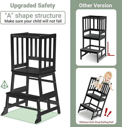 COSYLAND Kids Kitchen Step Stool Helper - Wooden Standing Tower for Kids with Anti-Tip Support Legs - Mothers' Helper Kids Learning Stool for Kitchen Counter (Black)