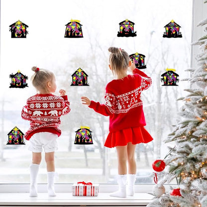 Renbuzhu 40PCS Christmas Crafts Bulk: Nativity Religious Paper Suncatchers DIY Kit for Winter Xmas Holiday Activities Decorations, Window Stained Glass Effect Art Ornaments