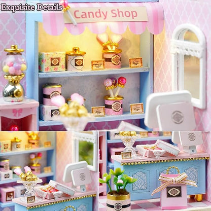 TuKIIE DIY Miniature Dollhouse Kit with Furniture, 1:24 Scale Creative Room Mini Wooden Doll House Plus Dust Proof for Kids Teens Adults(Yummy Candy)