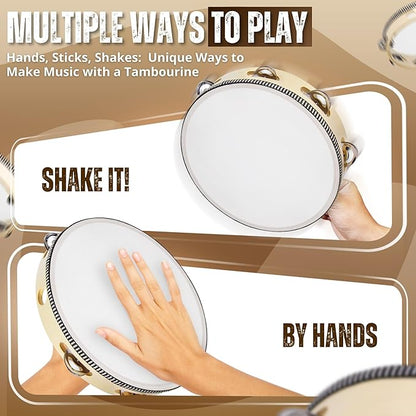 Flexzion Wood Handheld Tambourine for Kids (2 Pack) 8 Inch Double Row 12 Pair Jingles, Hand Held Percussion Drum Moon Musical Instrument with Metal Bell