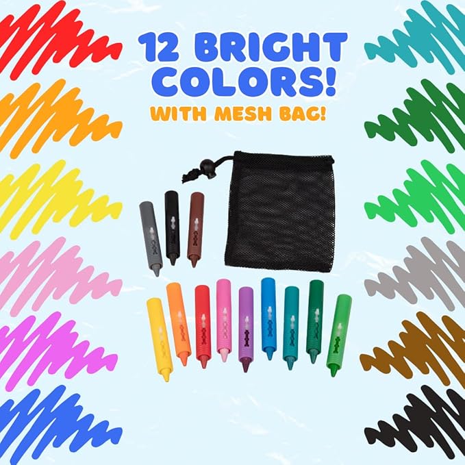 Bath Crayons Super Set - Set of 12 Draw in the Tub Colors with Bathtub Storage Mesh Bag -Non-Toxic, Safe for Children, Won't Disintegrate in Water -Art Project for Kids and Toddlers