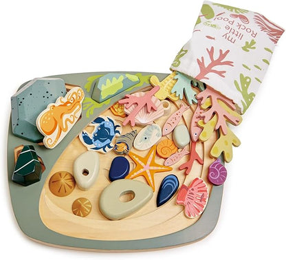 Tender Leaf Toys - My Little Rock Pool - 35 Piece Wooden Sea Life Set with Illustrated Drawstring Bag - Educational Play toy, Improve Fine Motor Skills, Shape Sorting Play for Boys and Girls - Age 3 +