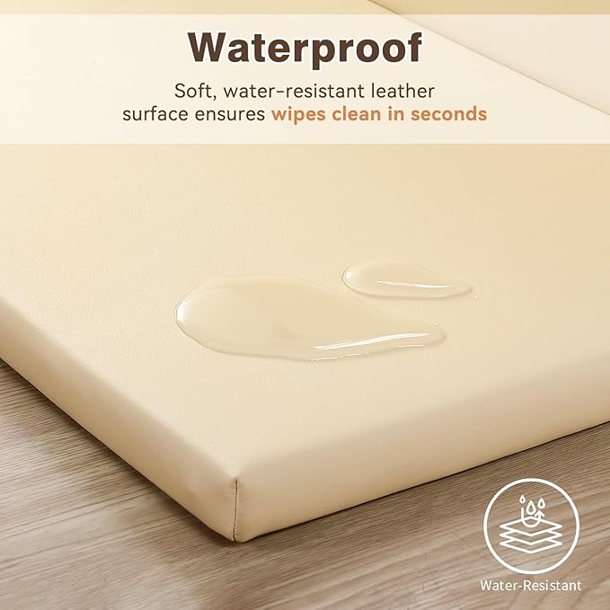 Foam Baby Play Mat: PU Leather Waterproof Kids Playmat - Trifold Floor Mat - Large Play Mat for Playpen Thick Pad Fodable Mattress Soft Toddler Mattress Infant Cushion for Preschool (Beige)
