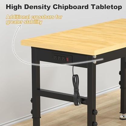 48" Adjustable Workbench, Heavy-Duty Work Bench, 2000 LBS Worktable with Power Outlets, Portable Chipboard Work Station for Repair Shop, Workshop, Office
