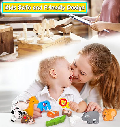 Wooden Animal Puzzles Toys for Toddlers,24 Pcs Farm and Safari Animal Figures,Animal Matching Sorting Stacking Toys for Boys Child Girls,Educational Learning Toys Gift for Kids