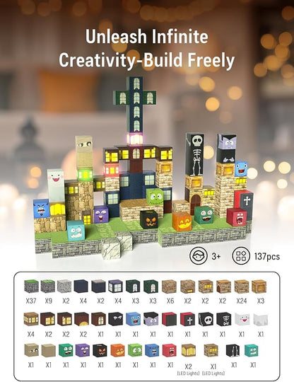 Magnetic Blocks -137PCS Lights Halloween Building Blocks,World Magnetic Tiles Kids Build Cubes 3+,STEM Toys for 3-5 4-8 5-7 Year Old Boys,Sensory Creative Activities Birthday Gift