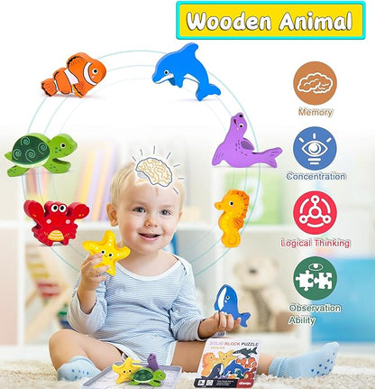 Wooden Animal Puzzles Toys for Toddlers,12 Pcs Sea Animals Figures,Animal Matching Sorting Stacking Toy for Boys Child Girls,Educational Learning Toys Gift for Kids