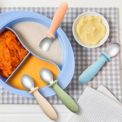 DRKIO 8 PCS Toddler Spoons Set - Baby Spoons with Silicone Handle Children safe 18/8 Stainless Steel Toddler Utensils Set for Self Feeding Kids Silverware Anti-Choke Design Food Grade Dishwasher Safe