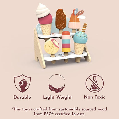 Speedy Monkey Wooden Ice Cream Shop Playset – FSC Certified Pretend Dessert Stand for Kids, Role Play Popsicle Toy Counter, Cones & Scoops Cart, Sweet Treat Ice Cream Parlour for Toddler, Boys & Girls