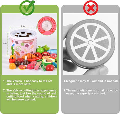 WHOHOLL Wooden Play Food Toys for Kids Kitchen Playset, Play Kitchen Accessories with Apron Pretend Cutting Food Montessori Toys for 3+ Year Old Girls and Boys