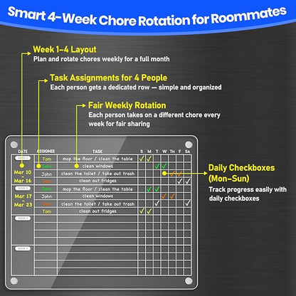 PigPotParty Acrylic Magnetic Monthly Chore Chart for Multiple Kids Roommates – 12"x9.5" Rotating Weekly Task Board for Kids Students Families, Clear Dry Erase Fridge Chart, w/ 8 Markers & 1 Towel
