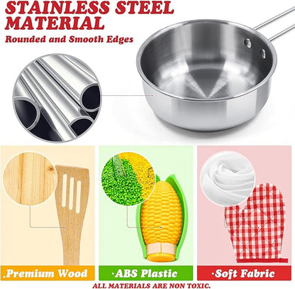 Kids Pretend Play Kitchen Toys Accessories Set, 32 Items Stainless Steel Toy Pots and Pans Sets w/ Rack Organizer, Metal Cooking Utensils & Apron, Play Food w/ Basket for Kids Girls Boys Toddlers