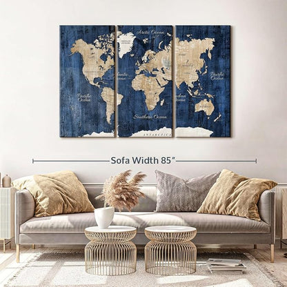 ElephantStock Aged Blue World Map II Canvas - 3 Panel Wall Decor - World Map Digital Art - Blue Wall Art - 65" X 42"