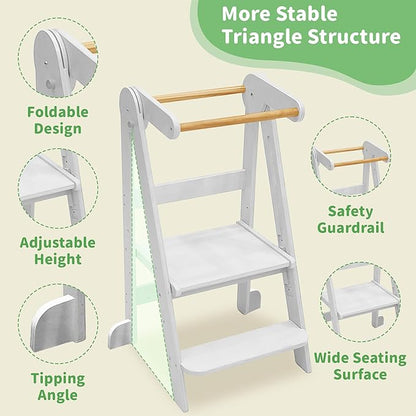 Foldable Toddler Tower 95% Preassembled Kitchen Stool Helper Folding Step Stool for Kids Montessori Toddler Standing Tower with 3 Adjustable Height Helper Tower for Kitchen Counter Sink White