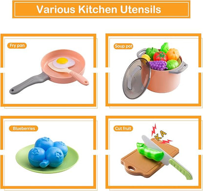 35Pcs Kids Kitchen Toy Accessories, Toddler Pretend Cooking Playset with Play Pots, Pans, Utensils, Cookware, Play Food Set, Toy Vegetables, Learning Gift for Girls & Boys (Pink)