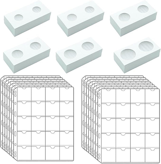 300 PCS Cardboard Coin Flips with 15 Sheets Coin Pocket Pages, 6 Assorted Sizes 2" x 2" Cardboard Coin Holders Coin Flips Coin Collection Supplies for Dime, Penny, Quarter, Nickels, Dollars Collecting