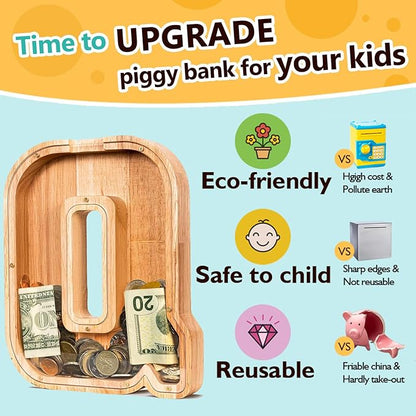 SummiDate Wooden Letter Piggy Bank| Piggy Bank for Boys Girls Toddler| Alphabet Q Money Bank| Coin Bank Birthday Gift for Kids|Birthday Gift for Kids (Q)