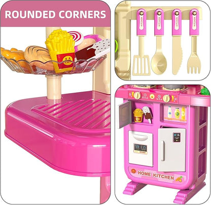 TEMI Pretend Food Kitchen Toys for Girls Age 3 4 5 6 7 8 - Kitchen Accessories Platset with Sound and Light, Cutting Food Toy, Pretend Play for Kids, Indoor Outdoor Cooking Set, Birthday Gifts 8-9