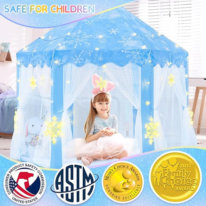 EVOIONOS Frozen Princess Tent for Girls, Play Tent with Large Snowflake Lights for Kids, Castle Playhouse for Children Indoor Outdoor Games, 55 x 53 inches, Blue