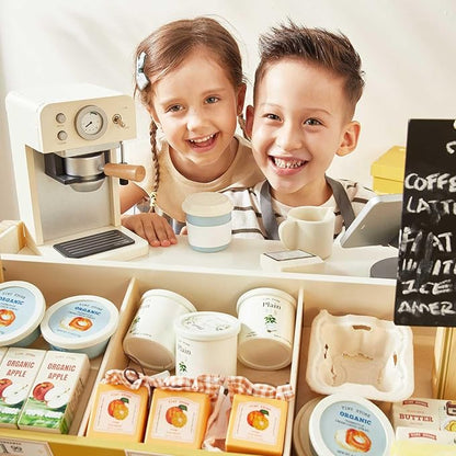 Tiny Land Wooden Play Store – Pretend Farmers Market & Coffee Shop with Cash Register, DIY Price Tags, Chalkboard, Pretend Grocery Store Role Play Toy for Toddlers