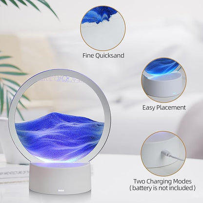Moving Sand Art Liquid Motion, 3D Deep Sea Sandscape Color Quicksand Decor, Round Glass Moving Sand Art Picture Relaxing Desktop Home Office Work Decor (Blue, 6 inch)
