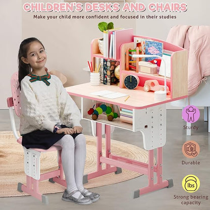 2025 NEW Kid's Study Desk and Chair Set, Ergonomic Height Adjustable Children Study Desk with Tilt Desktop, Book Stand, Light, Metal Hook and Storage Drawer,Gift for Boys Girls (Pink 70cm no lean)