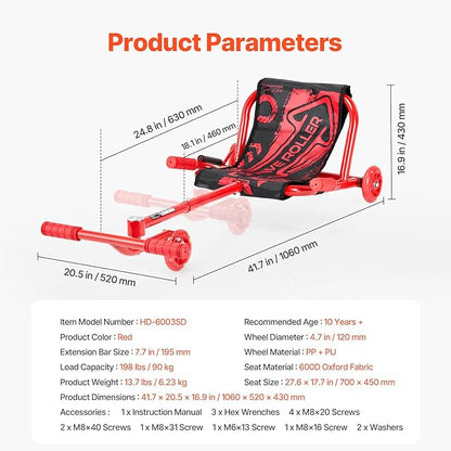 VEVOR Ride on Scooter, Load Capacity of 198 lbs, Swing Side-to-Side for Amazing Ride Powered by Zig-Zag Motion, Ride on Drifting Toy for Ages 10+, Rides on Any Hard Surface for Indoor & Outdoor, Red