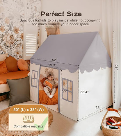 Little Dove Play Tent with mat, Star Lights, Tissue Garland, Kids playtent Indoor, Toddler Play Tent Large Outdoors for Kids Aged 3+, 52" x35" x 52", Toddler Teepee Play House with Windows Grey Color
