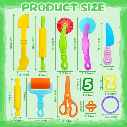 Dough Tools 55 PCS Dough Play Tools Set for Kids, Plastic Alphabet Numbers Shapes Cutters, Rollers, Scissors