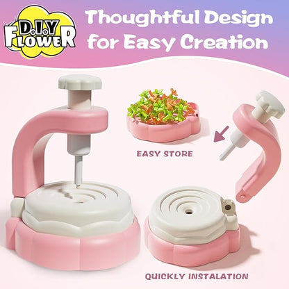 Mini Fabric Flower Press Sewing Machine Toy Kit for Kids Beginners, DIY Paper Bouquets Manual Sewing Kit, Creative Arts & Crafts Making Toy Gift for 4-8 Year Old Girls Boys