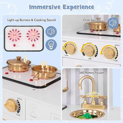 HONEY JOY Kids Kitchen Playset, Wooden Little Chef Pretend Play Kitchen Set w/Chalkboard & Water Dispenser, Lighted Stove, Storage Cabinet, Utensils, Play Kitchen for Toddlers, White + Golden