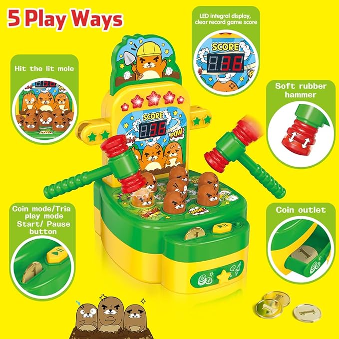 VATOS Hammer Game, Mini Electronic Arcade Game with 2 Hammers, Pounding Toys Toddler Toys for 3 4 5 6 7 8 Years Old Boys Girls, Developmental Toy Interactive Toy