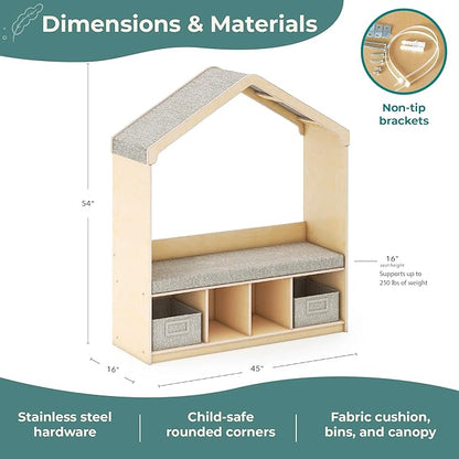 Guidecraft EdQ Kids' Reading Nook - Natural: Wooden Storage Bench Bookcase Organizer with Divided Cubbies and Bins for Books and Toys | Preschool and Homeschool Furniture