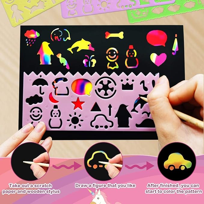 Rainbow Scratch Paper Art for Kids: 60PCS Magic Arts Crafts Gifts Toys for Girls Boys Ages 4 5 6 7 8 9 Games Activities for Birthday Family Fathers Day Christmas Stocking Stuffers Easter(Girls)