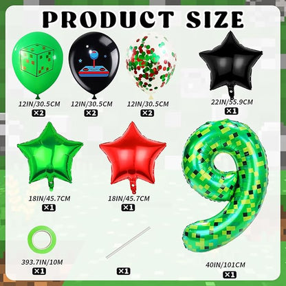 40in TNT Pixel Number 9 Balloon Birthday Decorations, Miner Theme Green Foil Balloons Blast Gaming Party Supplies