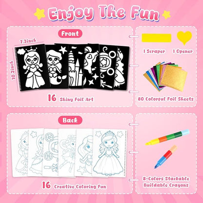 3 otters Foil Art Fun, Princess Arts and Crafts for Kids DIY Creative Travel Toy Birthday Gifts for Girls 4 5 6 7 8