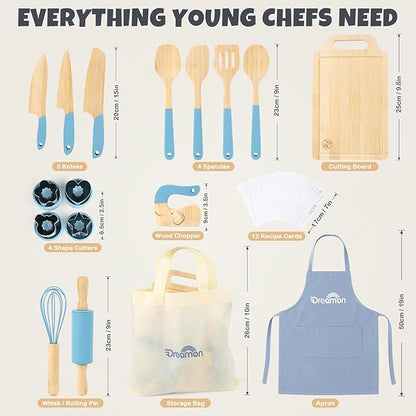 29 PCS Wooden Kids Cooking Set, Toddler Montessori Cooking & Baking Kitchen Tools for Real Cooking, 3 Knifes, Real Cutting Board, Apron, Kid Safe Kitchen Utensils for 3+ Year Old Boys Girls Gift