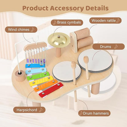 Promise Babe Wooden Drum Set for Toddlers 1-3, Musical Percussion Instruments for Kids Baby Drum Set Xylophone, Montessori Educational Musical Toys, Gifts for Girls Boys Ages 3+