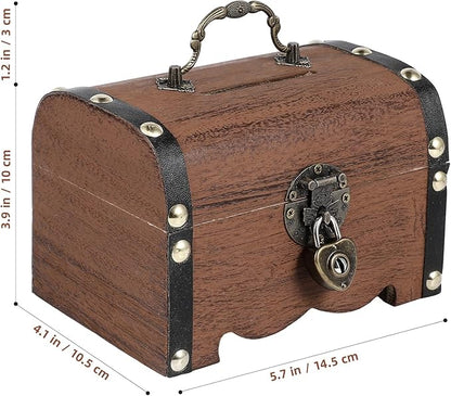 TOYANDONA Wooden Piggy Bank - Wood Treasure Chest with Lock and Key - Small Wooden Box Vintage Coin Bank Money Saving Box for Home Decor