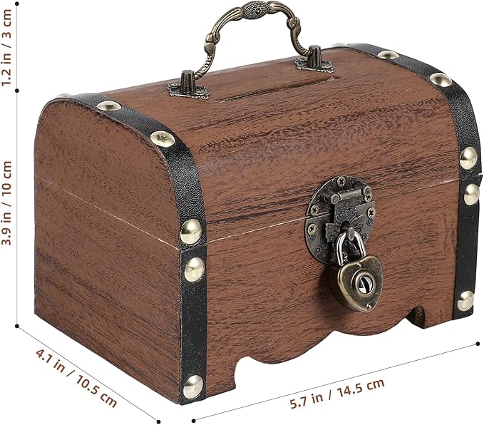 Vintage Piggy Bank Wooden Treasure Chest Decorative Wood Storage Box with Heart-Shaped Lock for Wedding Home Decor