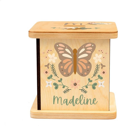 Wooden Piggy Bank for Kids and Adults, Personalized Gift Handmade in USA by BloomOwl, Custom Piggy Bank, Personalized Banks for Kids, Gifts for Baby Boys and Girls (Butterfly)