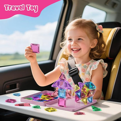 42-Piece Glitter Magnetic Tiles Travel Set with Pink Metal Box - Portable STEM Building Blocks for Kids Ages 3-8 Boys & Girls STEM Montessori Educational Toys for Airplane Car Rides