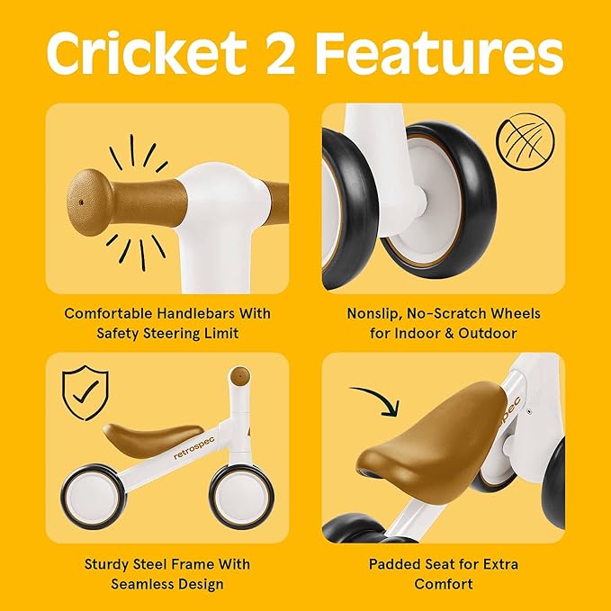 Retrospec Cricket 2 Baby Walker Balance Bike with 4 Wheels - Safe Learning Toy for Ages 12-24 Months - Scratch-Resistant Indoor Outdoor Toddler Riding Toy with Steering Limit & Soft Grips
