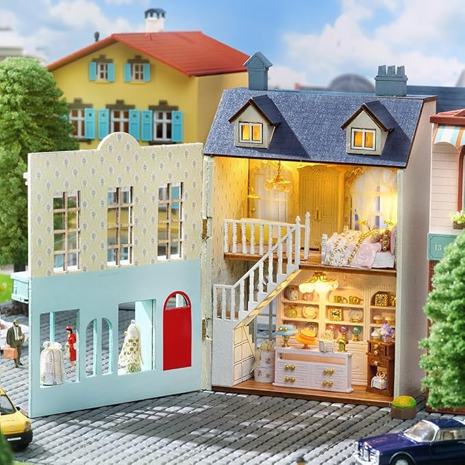 DIY Miniature House Kit, CUTEROOM Wooden Dollhouse Kit Mini House Making Kit with Furnitures, DIY Dollhouse Kit Birthday Gift for Women and Girls (Gift Shop)