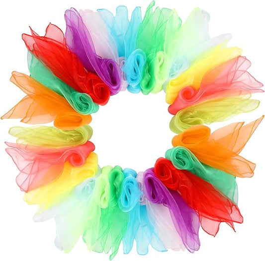 KIMOBER 24PCS Square Dance Scarves,12 Colors Juggling Silk Magic Tricks Music Movement Scarf Props for Kids Toddlers Children(24in × 24 Inches)