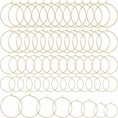Pndeyo 60pcs Hypoallergenic Earring Beading Hoops, Mix Sizes Round Hoop Earrings Findings, Open Earring Wire Ring Accessories for Jewelry Making- Gold