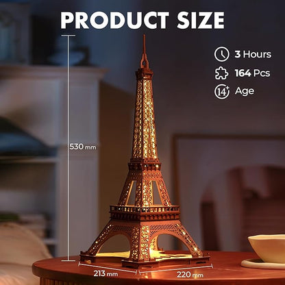 ROBOTIME 3D Puzzle for Adults DIY Model Building Kit with LED Light Wooden Eiffel Tower Craft Kit Architecture Toy Set Brain Teaser Gifts for Friend