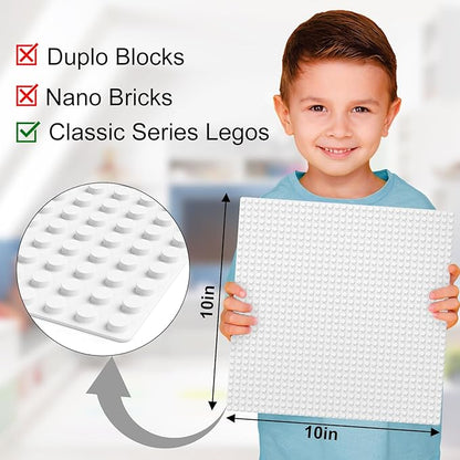 Classic Baseplates, Peel and Stick Base Plates for Building Bricks, Compatible with Major Brands, Self-Adhersive Base for Bricks 10" x 10", 6 Pack White
